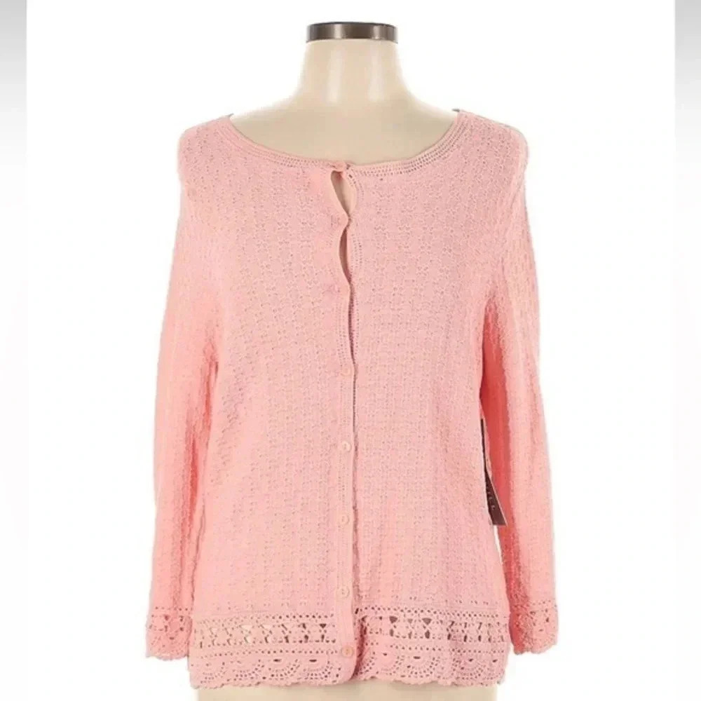Kate Hill Blush Pink Knit Lightweight Button Down Cardigan Sweater Size L NWT